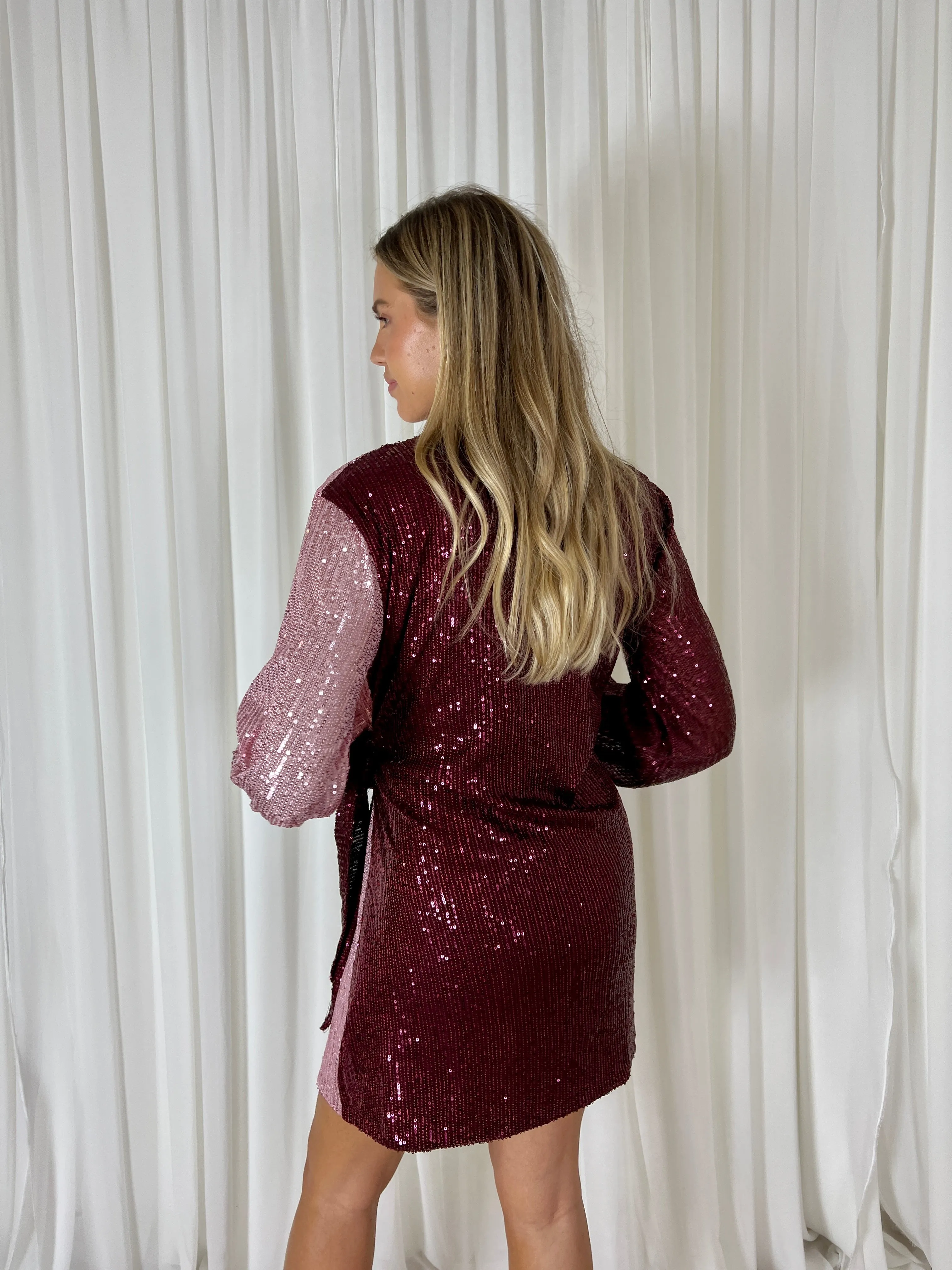 Astrid Wrap Mini Dress / Pink and Mulberry