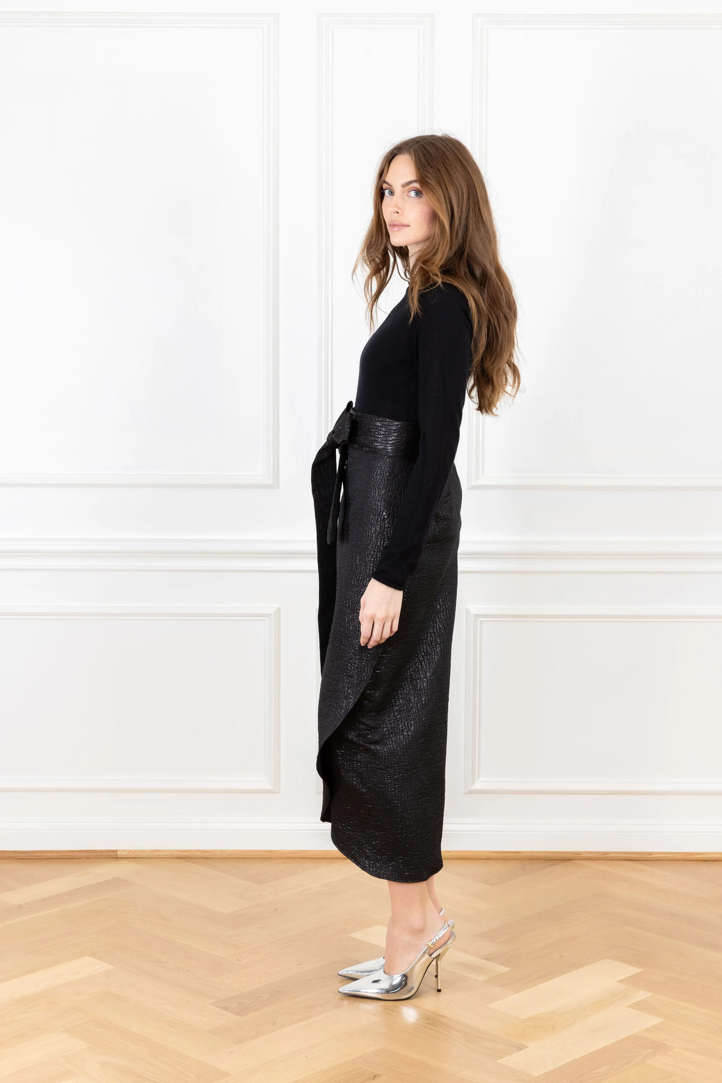 Black Brocade Shimmer Maxi Wrap Skirt