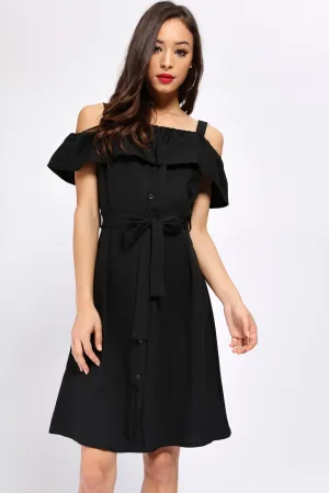 Black Off The Shoulder Strap Front Button Shirt Dress