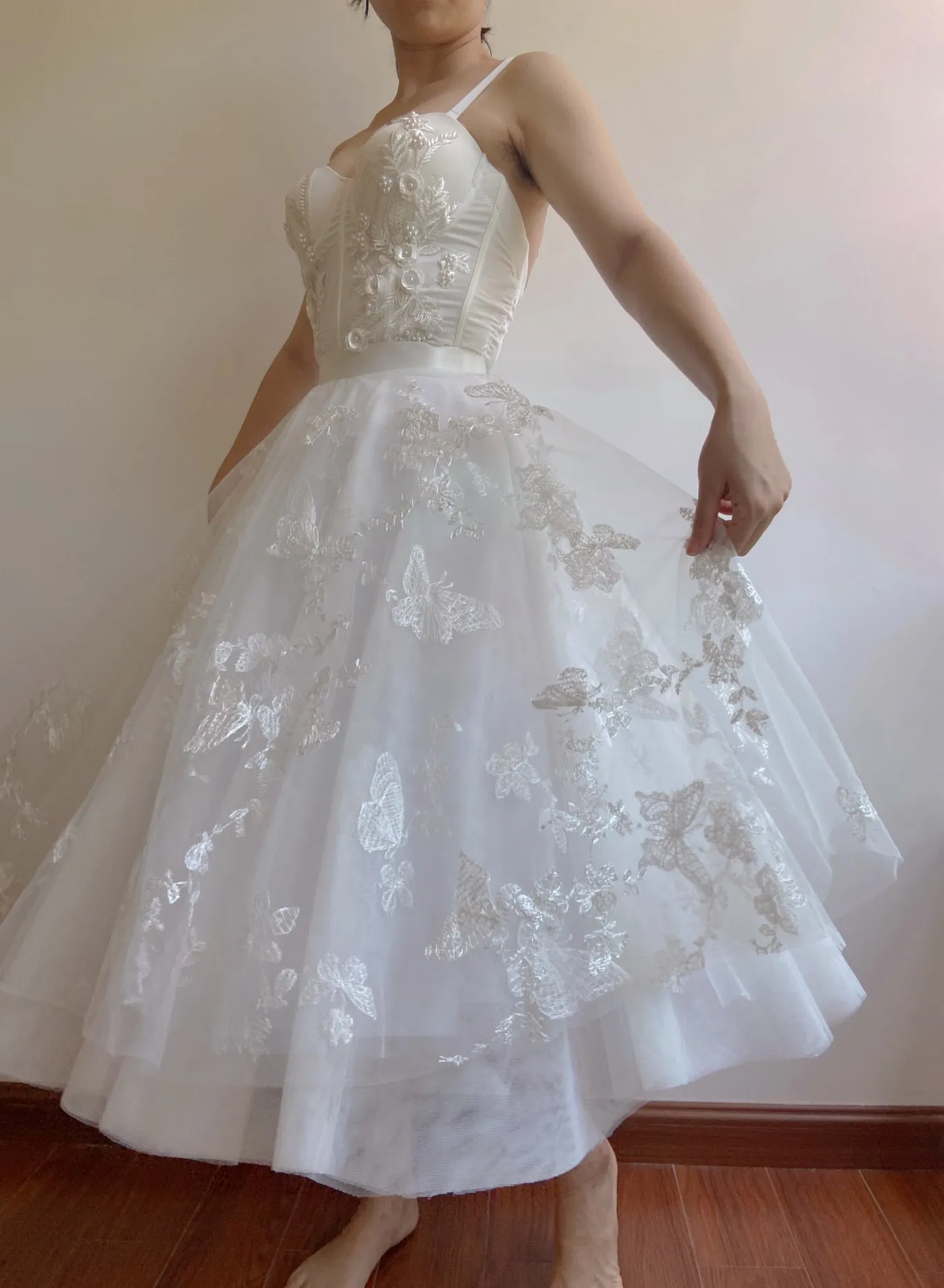Butterfly Mesh Midi Skirt in White