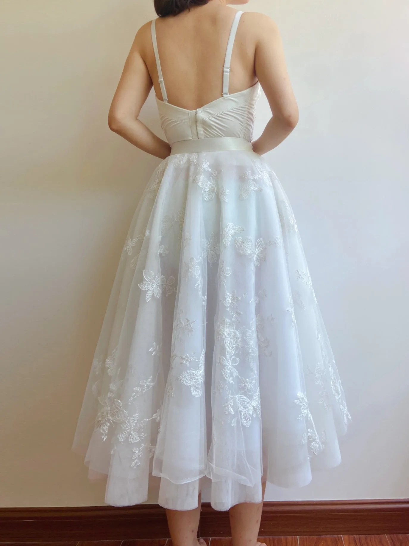 Butterfly Mesh Midi Skirt in White