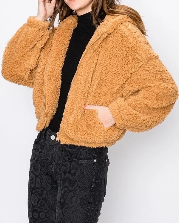 Cropped Drop Shoulder Zipper Hooded Teddy Coat