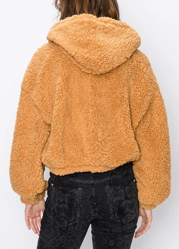 Cropped Drop Shoulder Zipper Hooded Teddy Coat