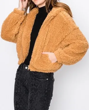 Cropped Drop Shoulder Zipper Hooded Teddy Coat