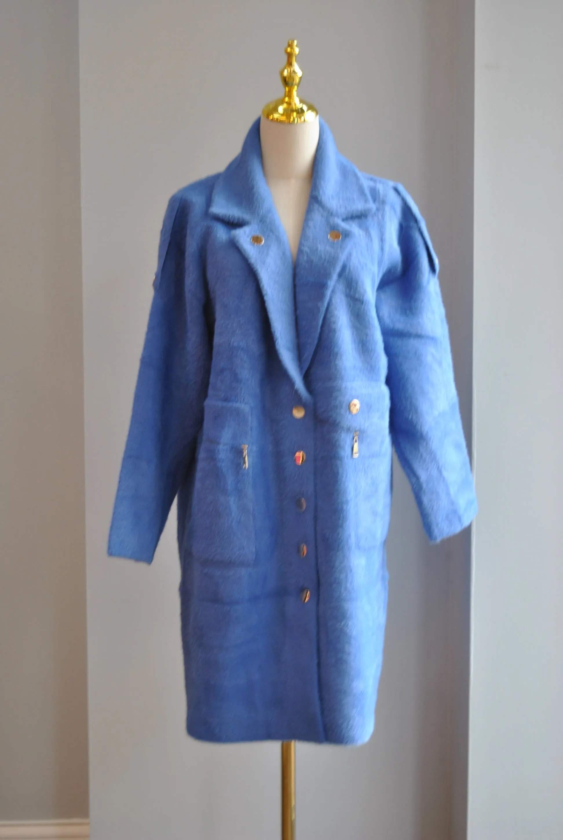 DENIM BLUE ALPAKA COAT WITH A GOLD BUTTONS