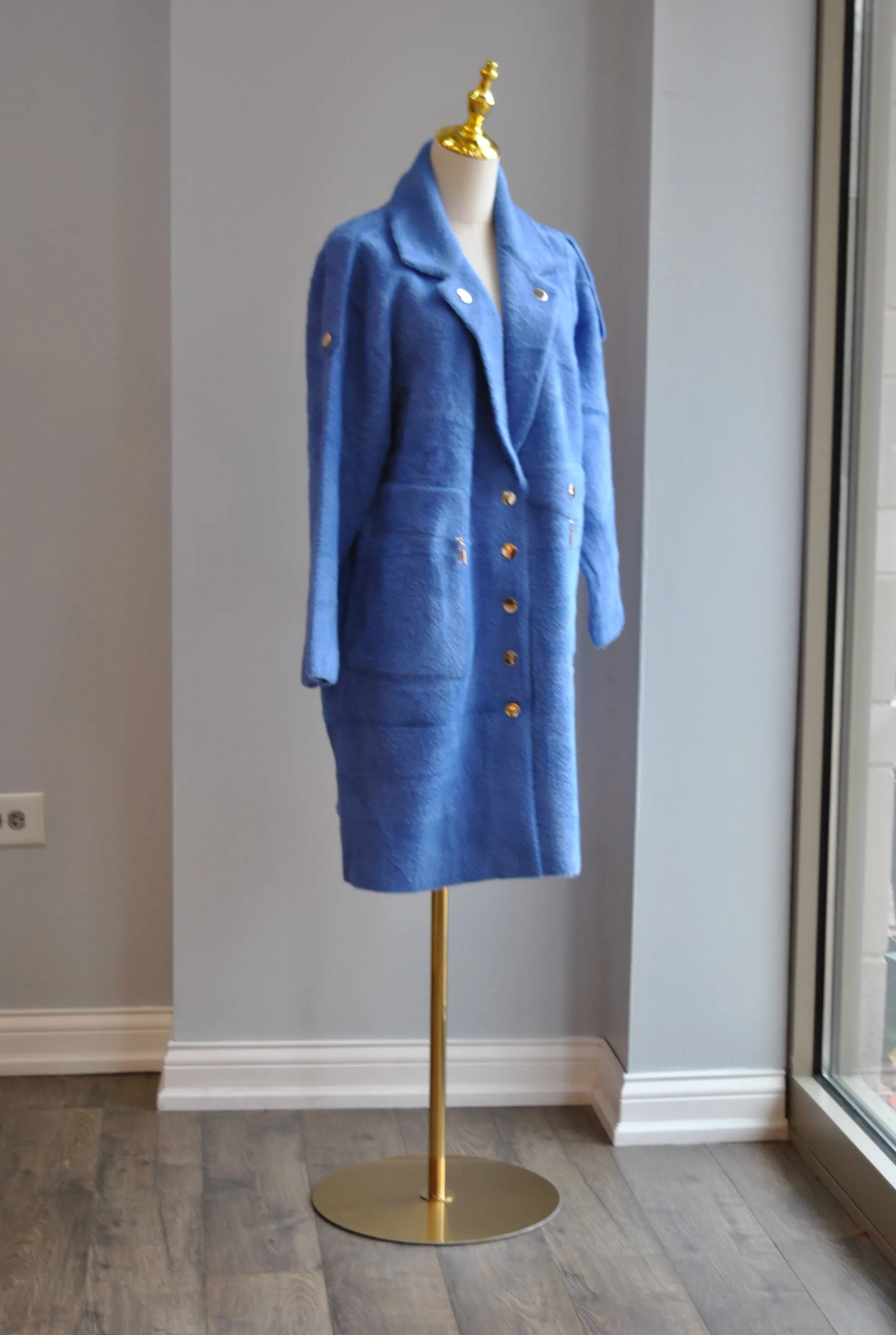 DENIM BLUE ALPAKA COAT WITH A GOLD BUTTONS