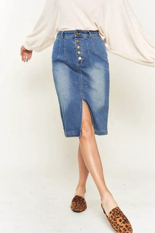 Denim button down front midi skirt