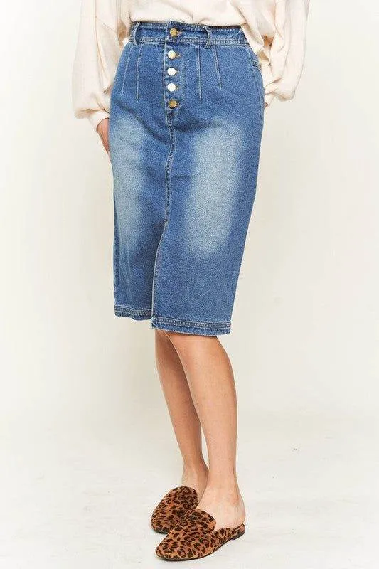 Denim button down front midi skirt