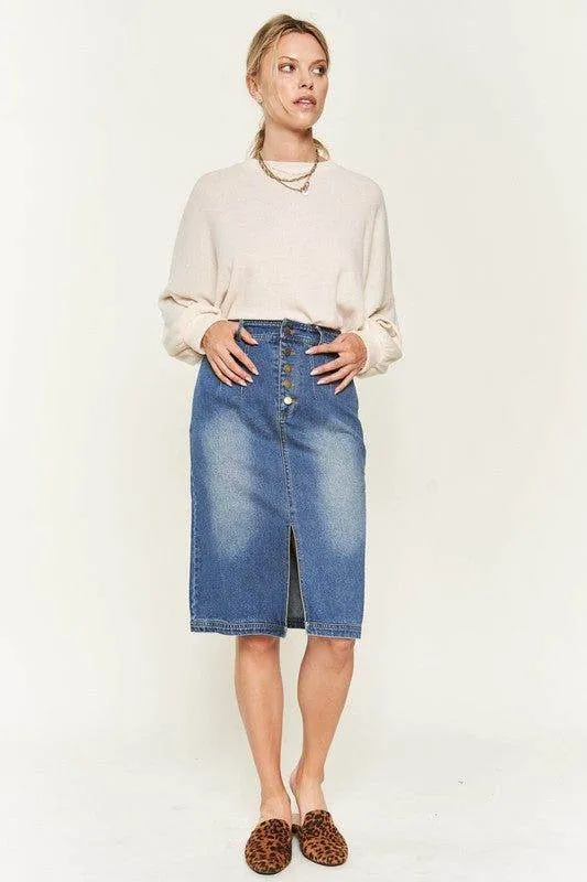 Denim button down front midi skirt
