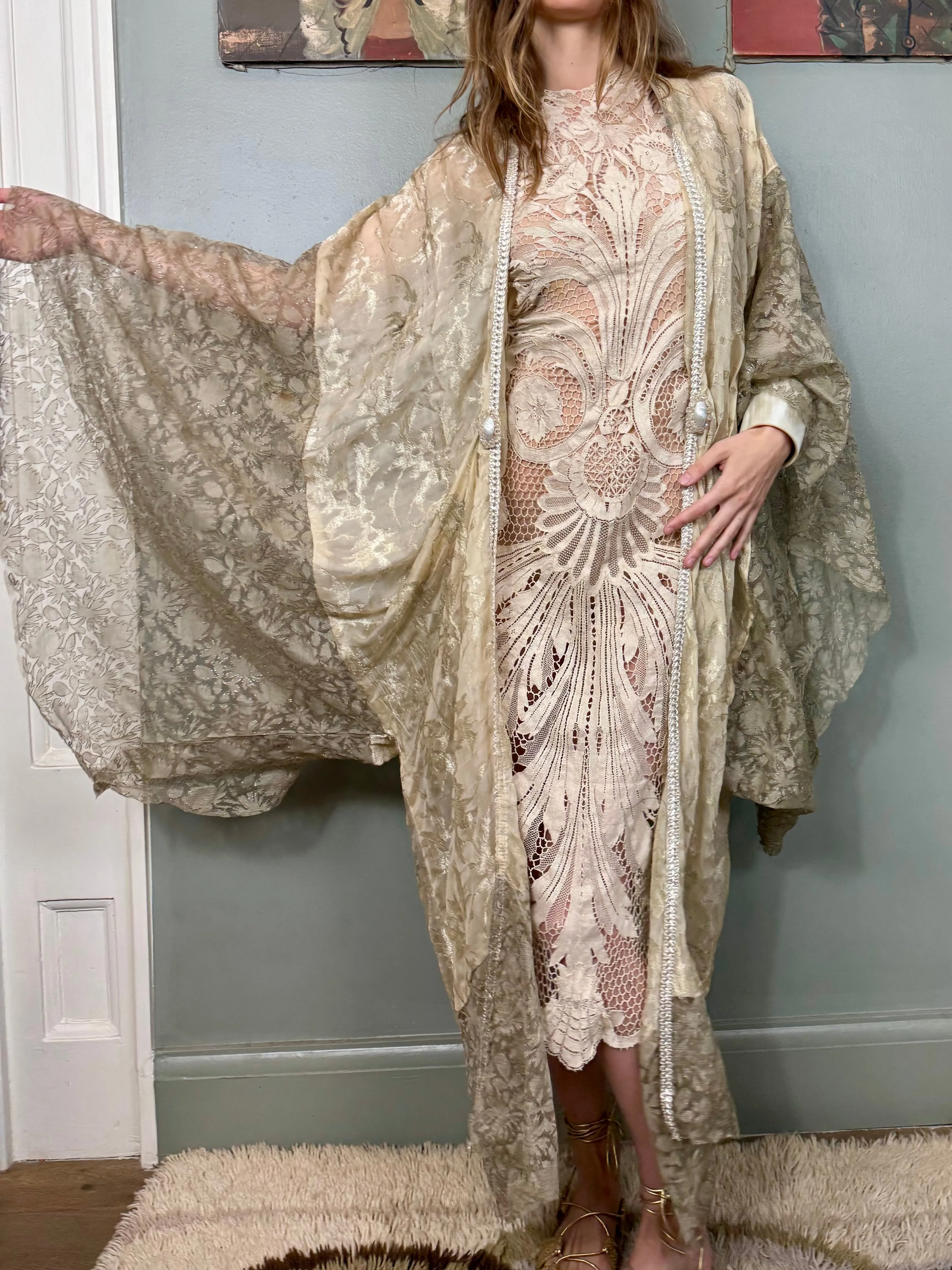 Eva, 20s silk lamé and silver lace robe