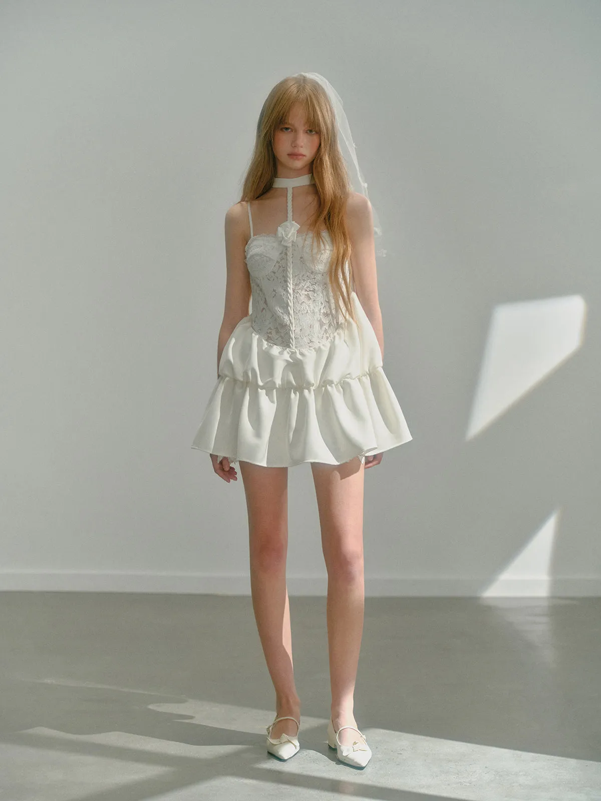 Halter-neck & Slip Floral Lace Short Dress