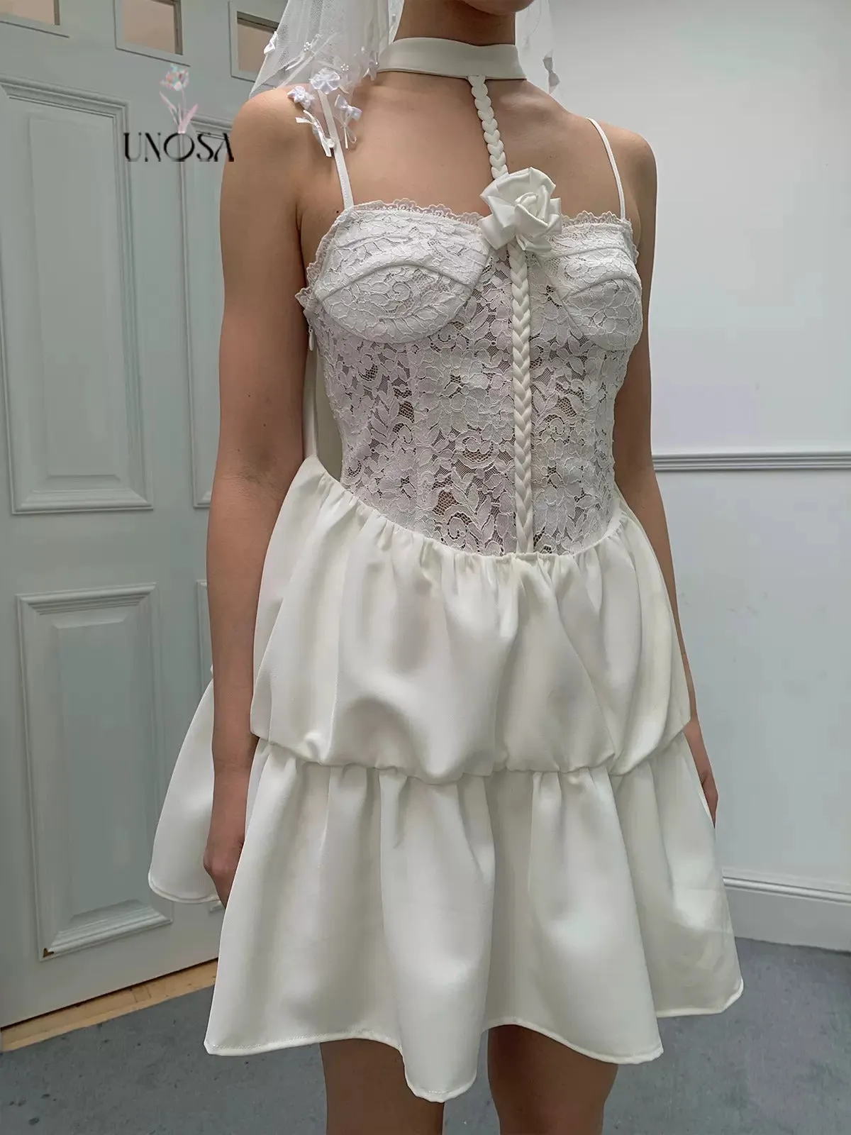 Halter-neck & Slip Floral Lace Short Dress