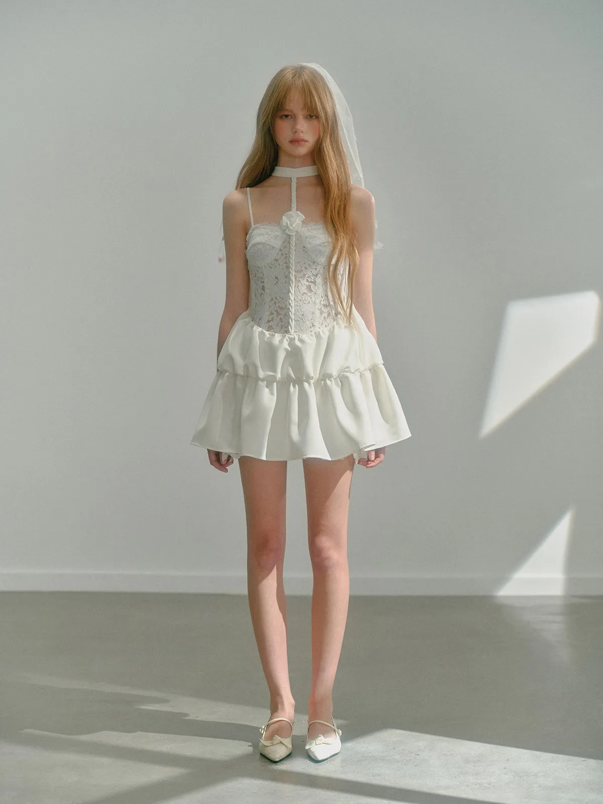 Halter-neck & Slip Floral Lace Short Dress