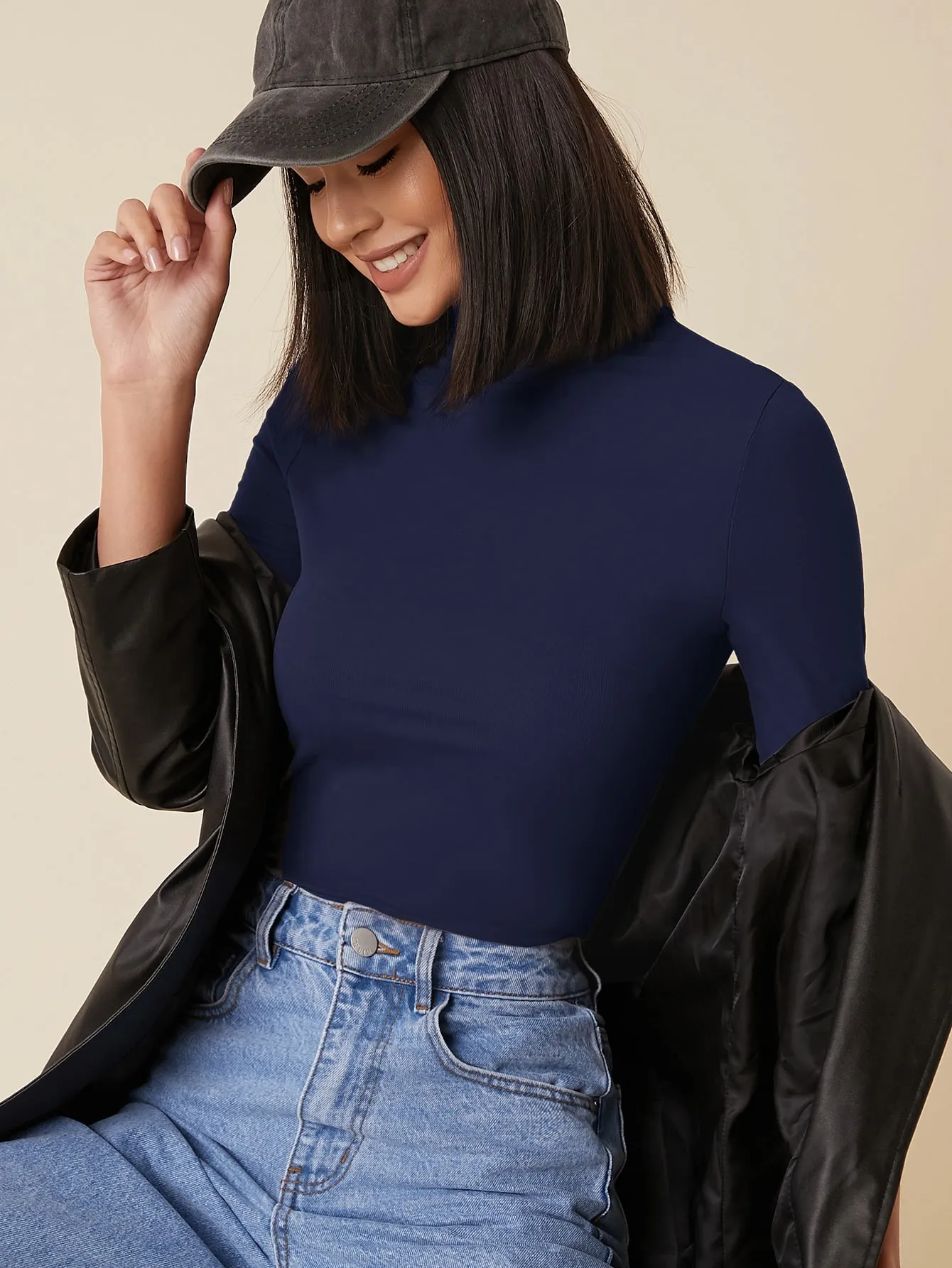 High Neck Solid Fitted Tee