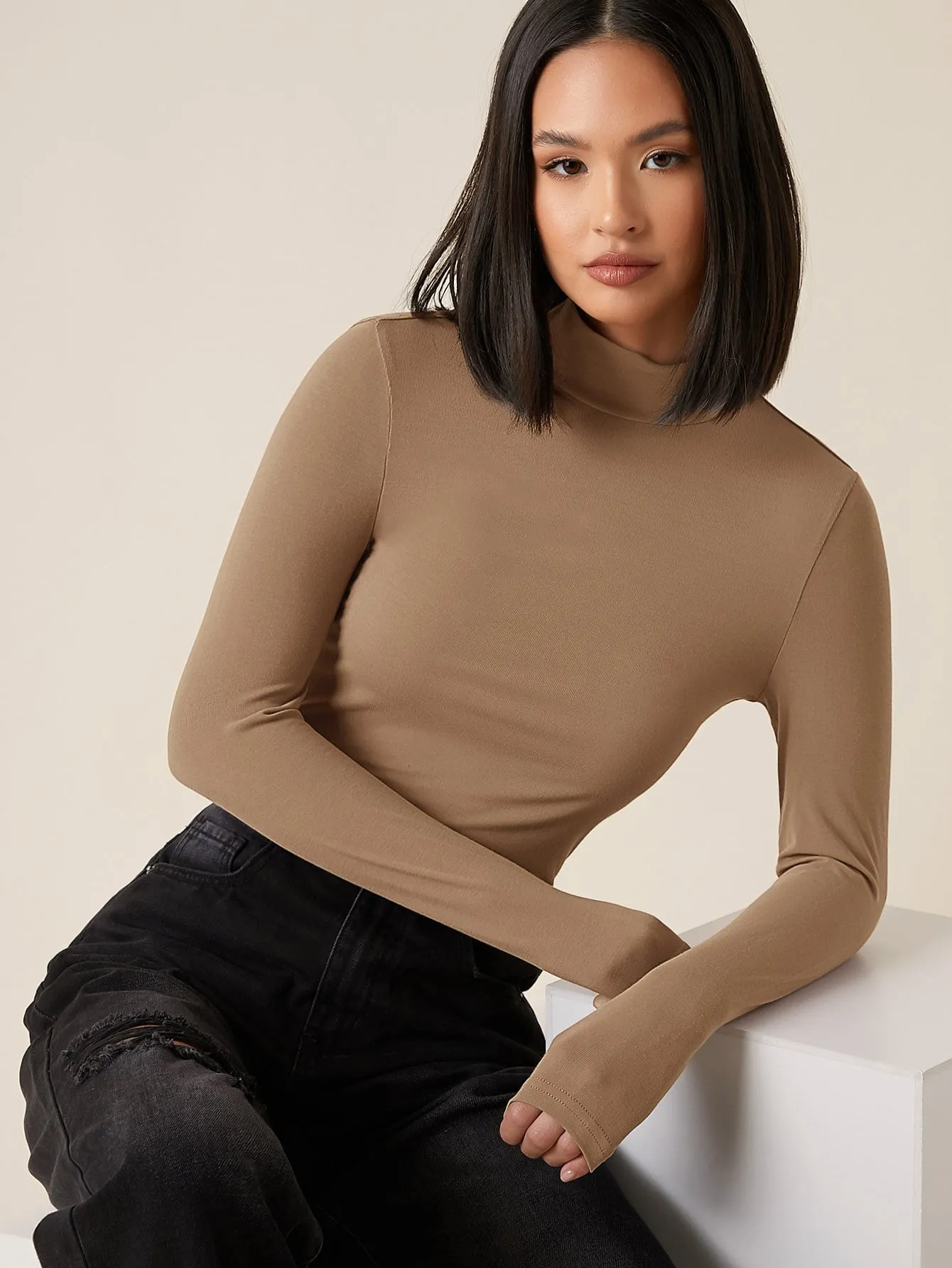 High Neck Solid Fitted Tee