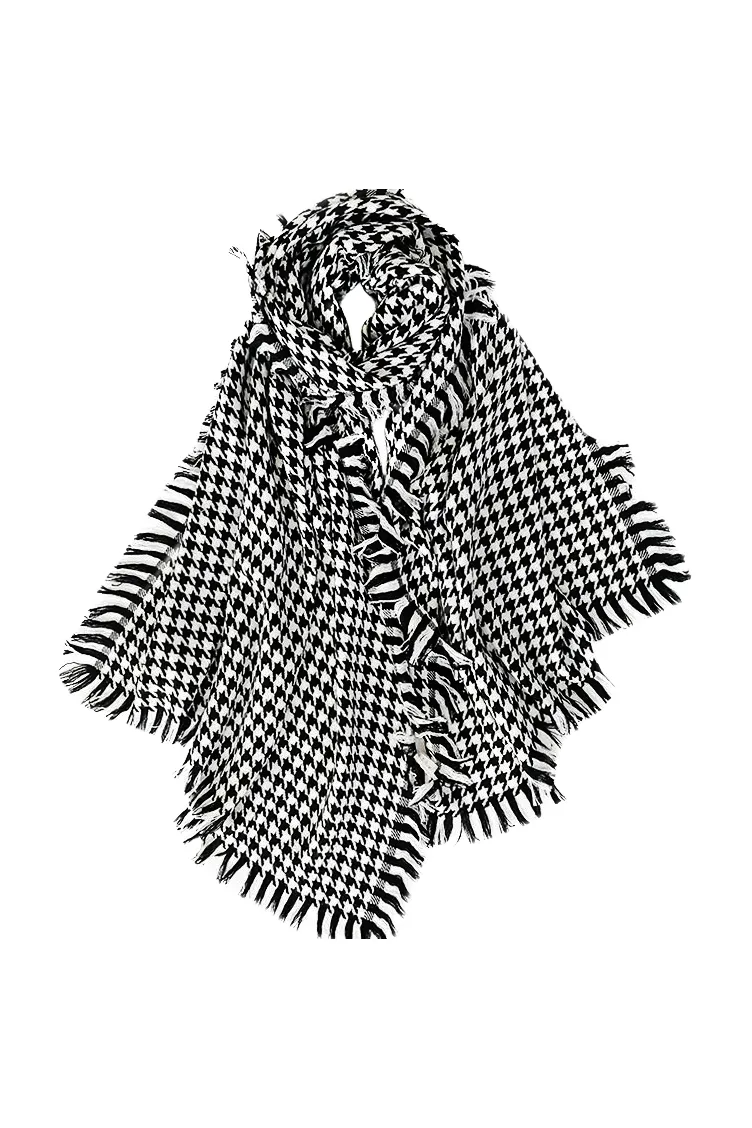 Houndstooth Pattern 100% Wool Fringe Scarf