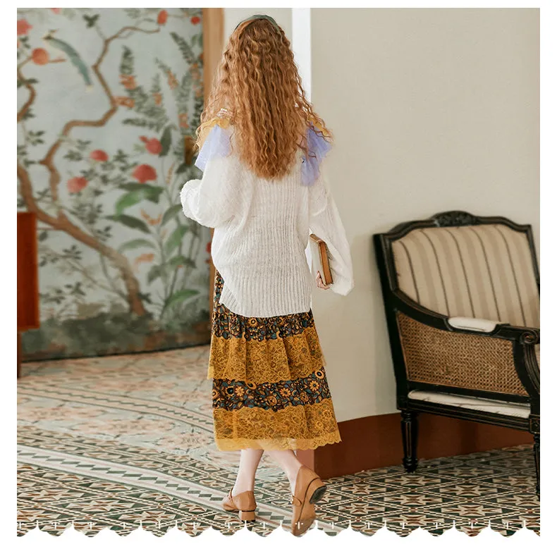 JAM PRINCESS LACE HEM MIDI SKIRT IN FLORAL PRINT