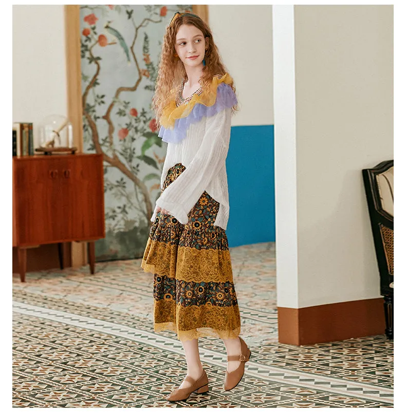 JAM PRINCESS LACE HEM MIDI SKIRT IN FLORAL PRINT