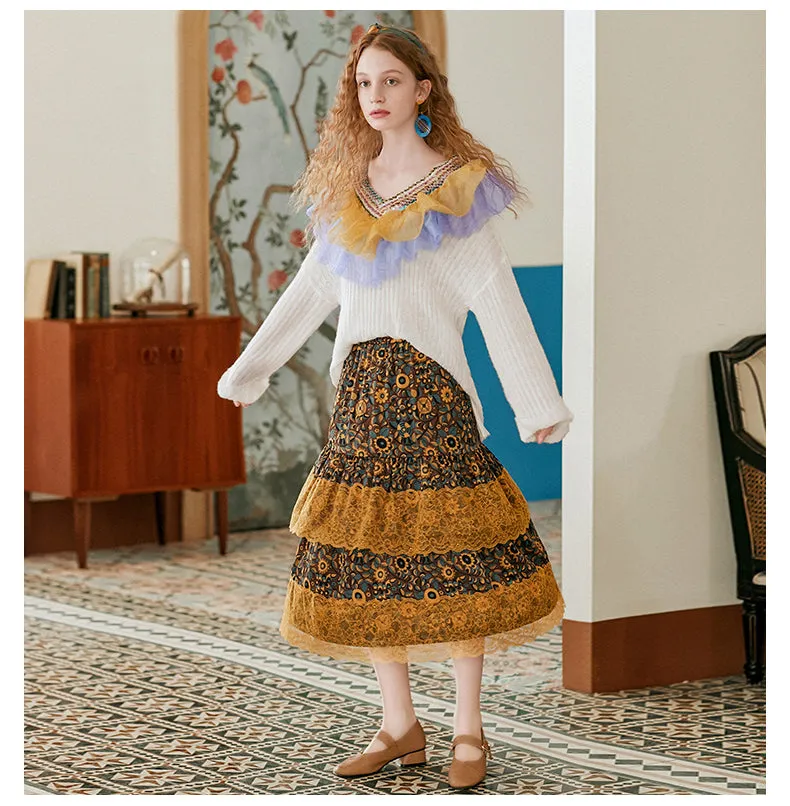 JAM PRINCESS LACE HEM MIDI SKIRT IN FLORAL PRINT