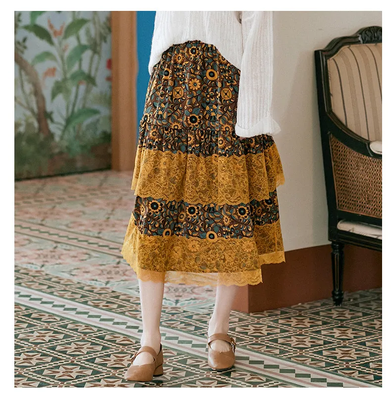 JAM PRINCESS LACE HEM MIDI SKIRT IN FLORAL PRINT