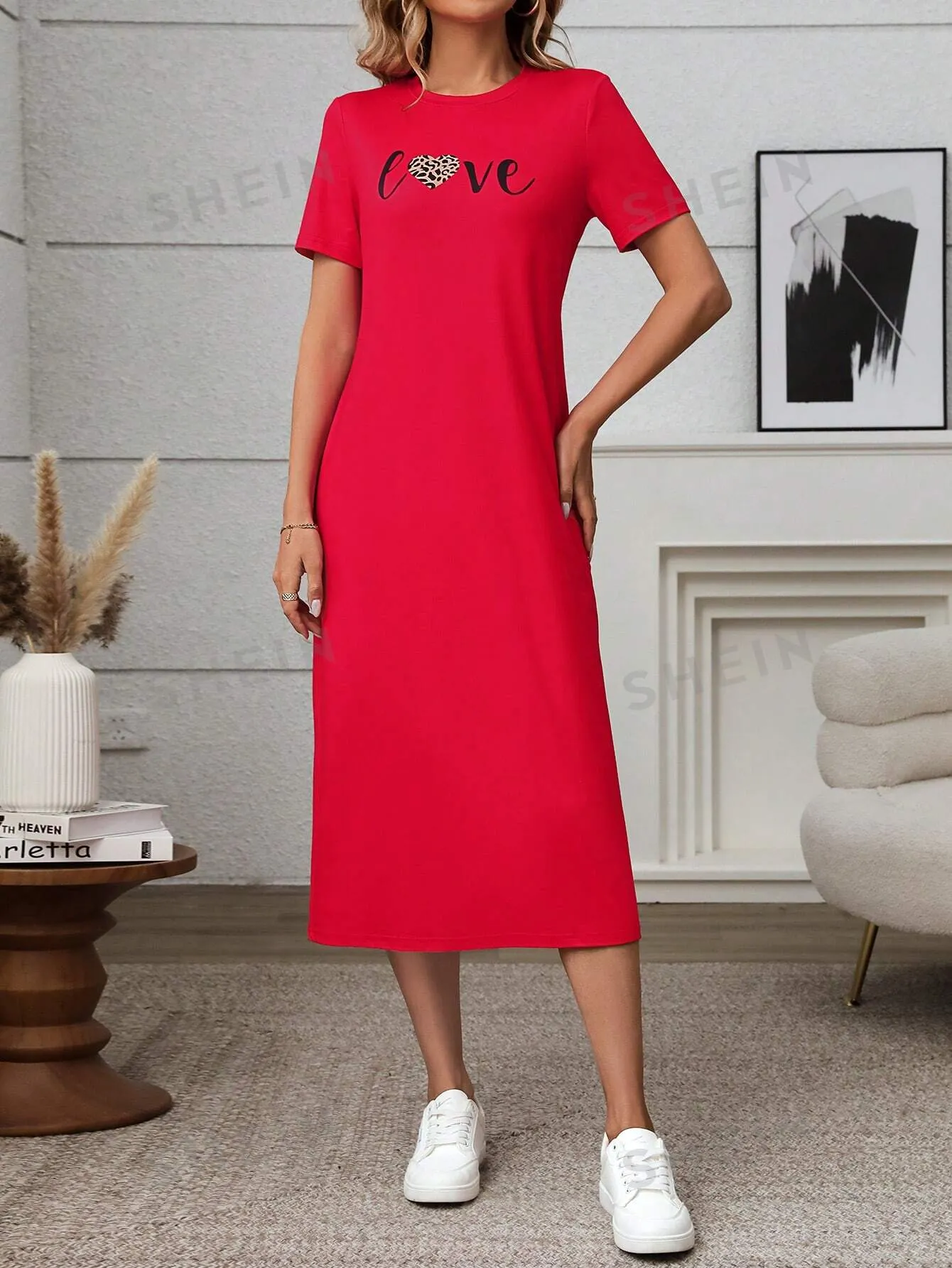 LUNE Red Leopard Print Elegant T-Shirt Dress For Women