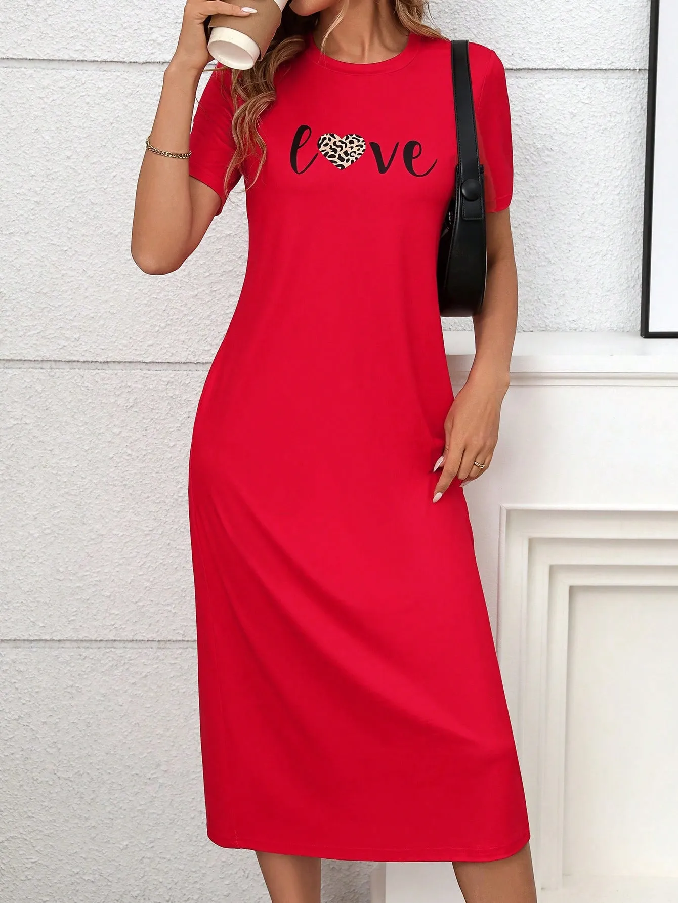 LUNE Red Leopard Print Elegant T-Shirt Dress For Women