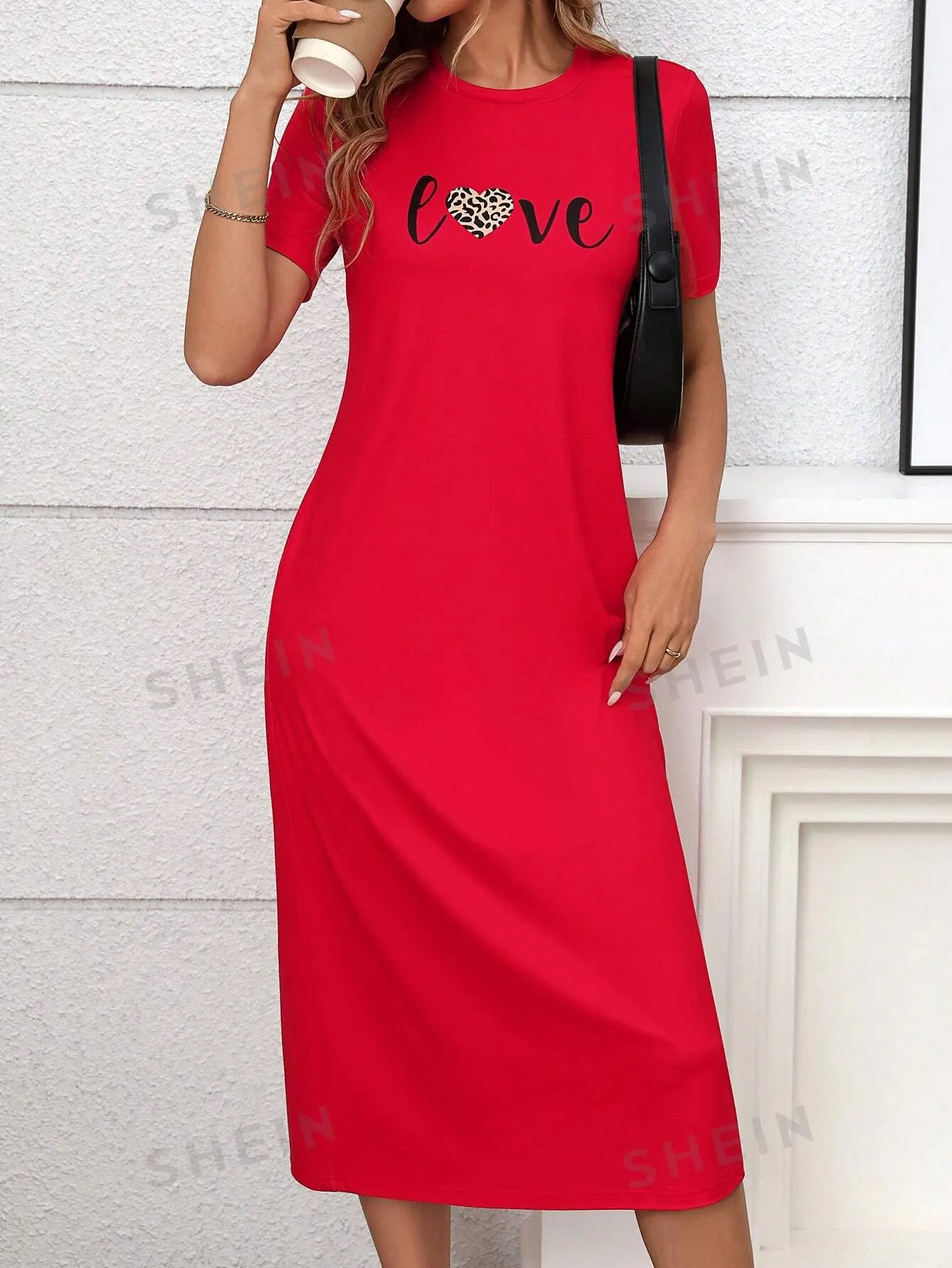 LUNE Red Leopard Print Elegant T-Shirt Dress For Women