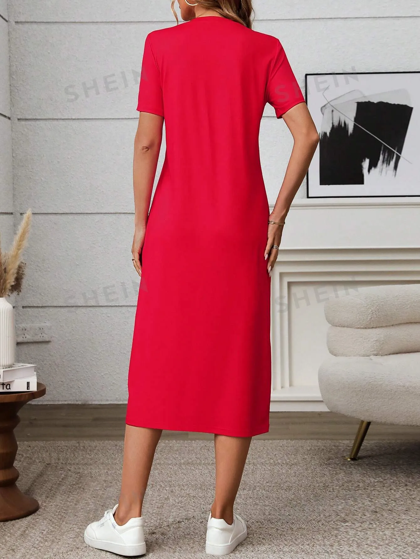 LUNE Red Leopard Print Elegant T-Shirt Dress For Women