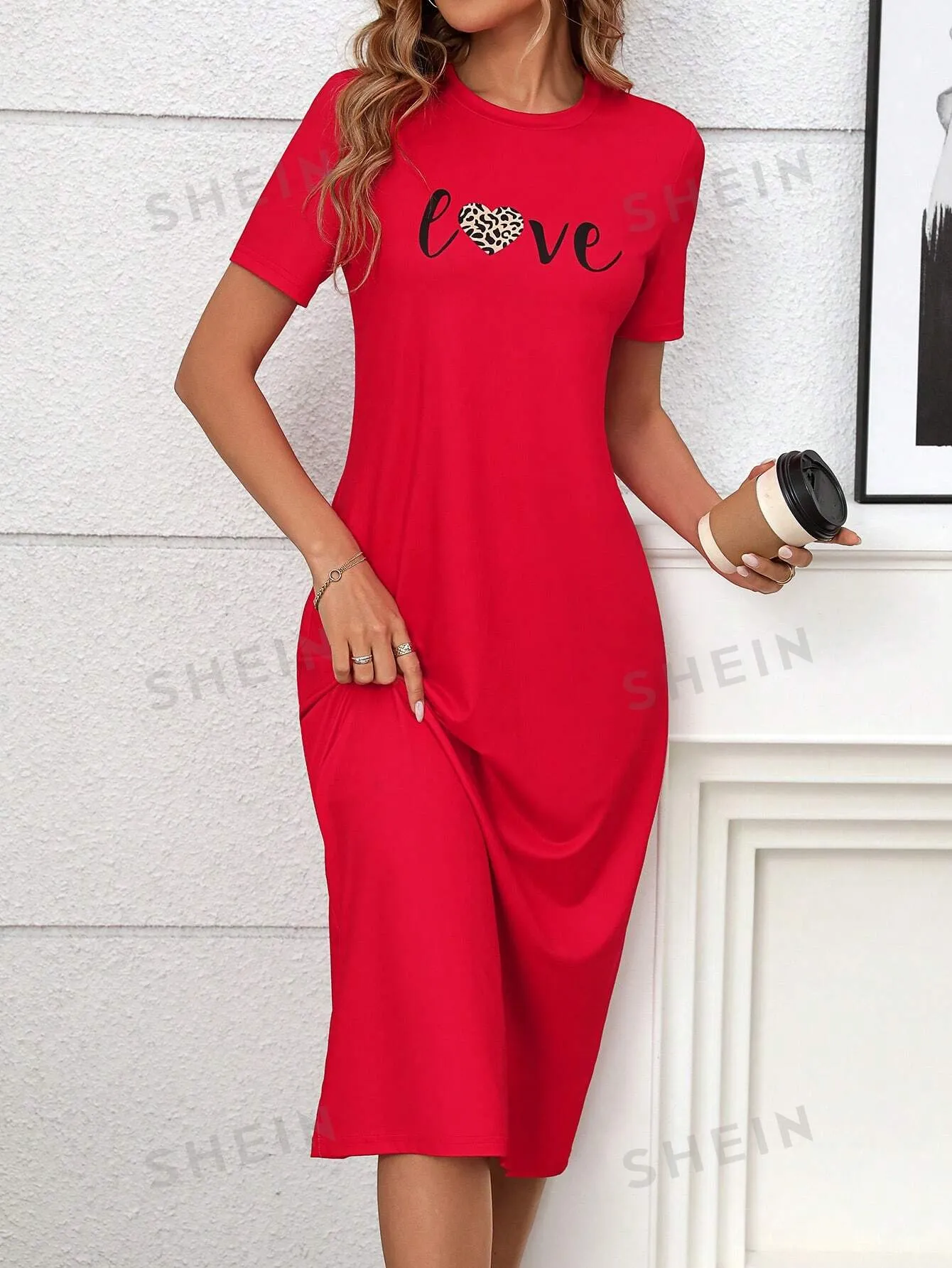 LUNE Red Leopard Print Elegant T-Shirt Dress For Women