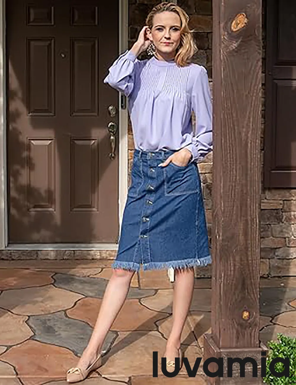 luvamia Women's Casual Mid Rise Button Down Frayed Raw Hem Fit Denim Jean Skirt