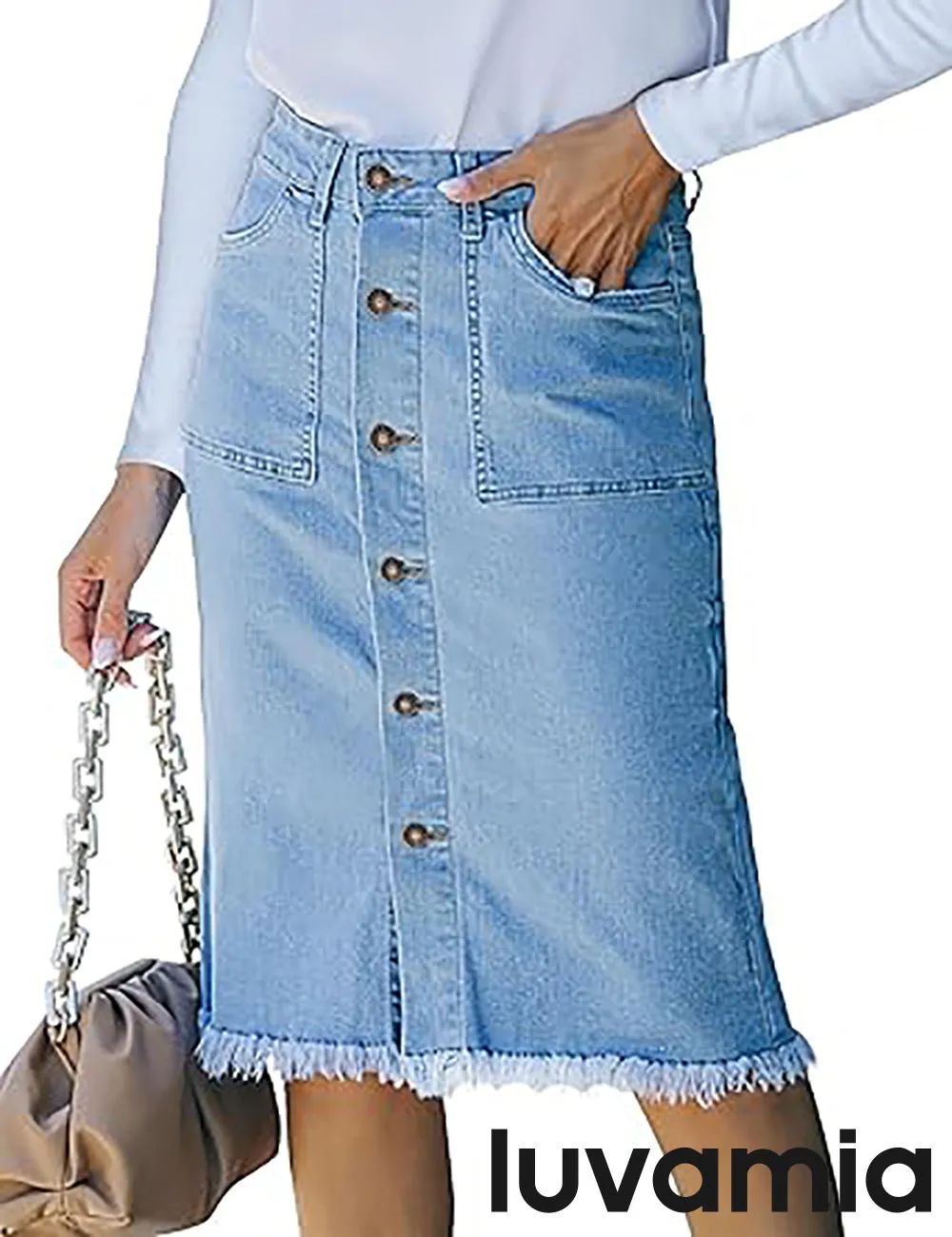 luvamia Women's Casual Mid Rise Button Down Frayed Raw Hem Fit Denim Jean Skirt