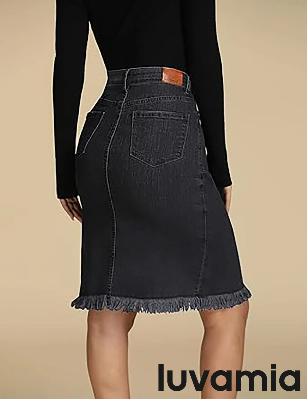 luvamia Women's Casual Mid Rise Button Down Frayed Raw Hem Fit Denim Jean Skirt