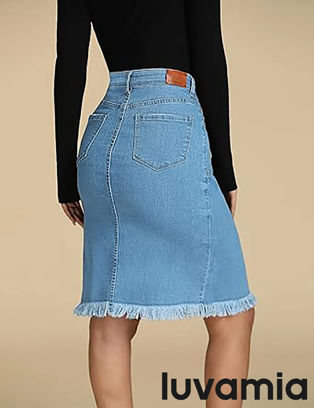 luvamia Women's Casual Mid Rise Button Down Frayed Raw Hem Fit Denim Jean Skirt