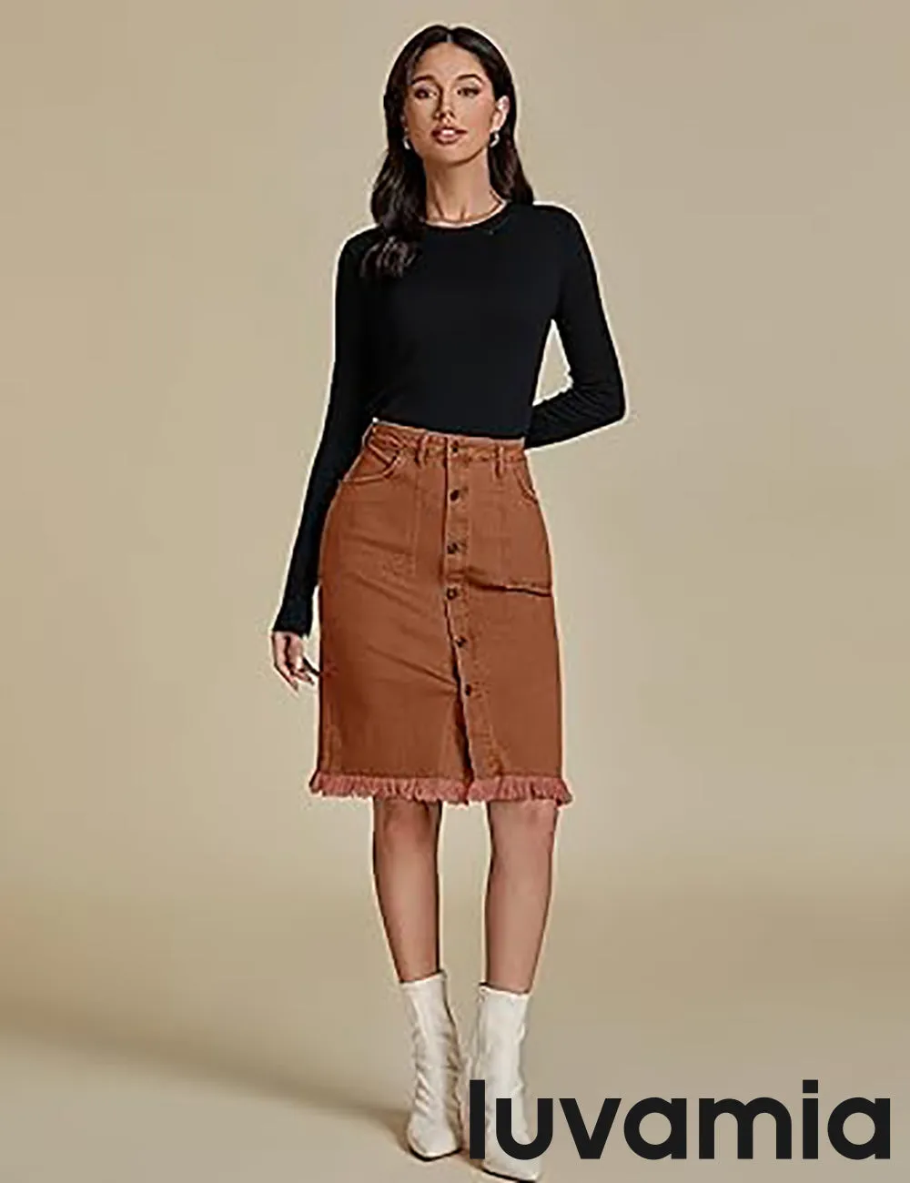 luvamia Women's Casual Mid Rise Button Down Frayed Raw Hem Fit Denim Jean Skirt