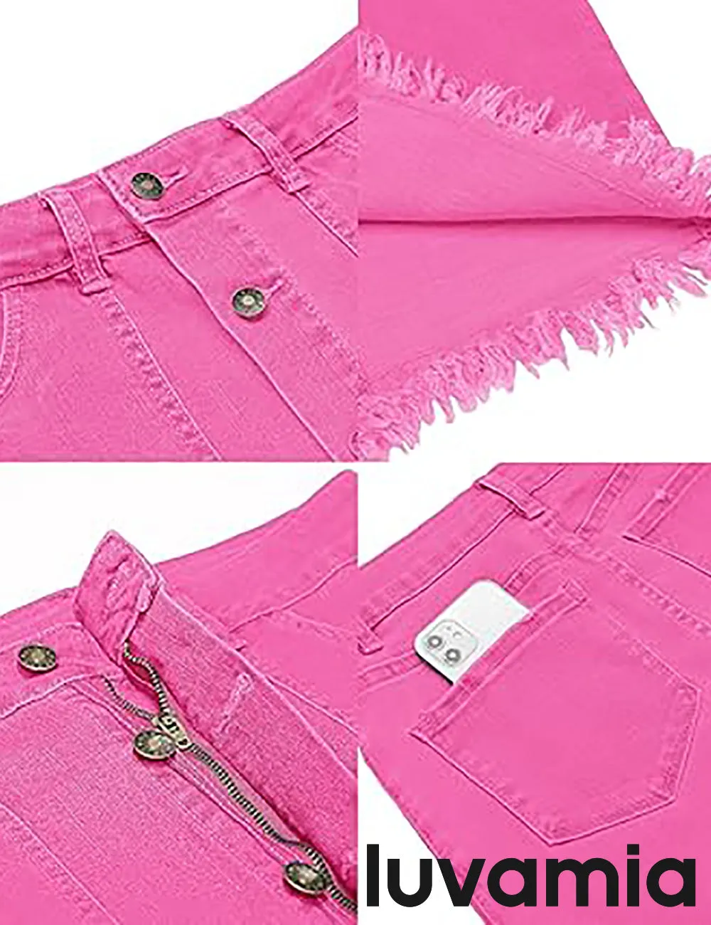 luvamia Women's Casual Mid Rise Button Down Frayed Raw Hem Fit Denim Jean Skirt