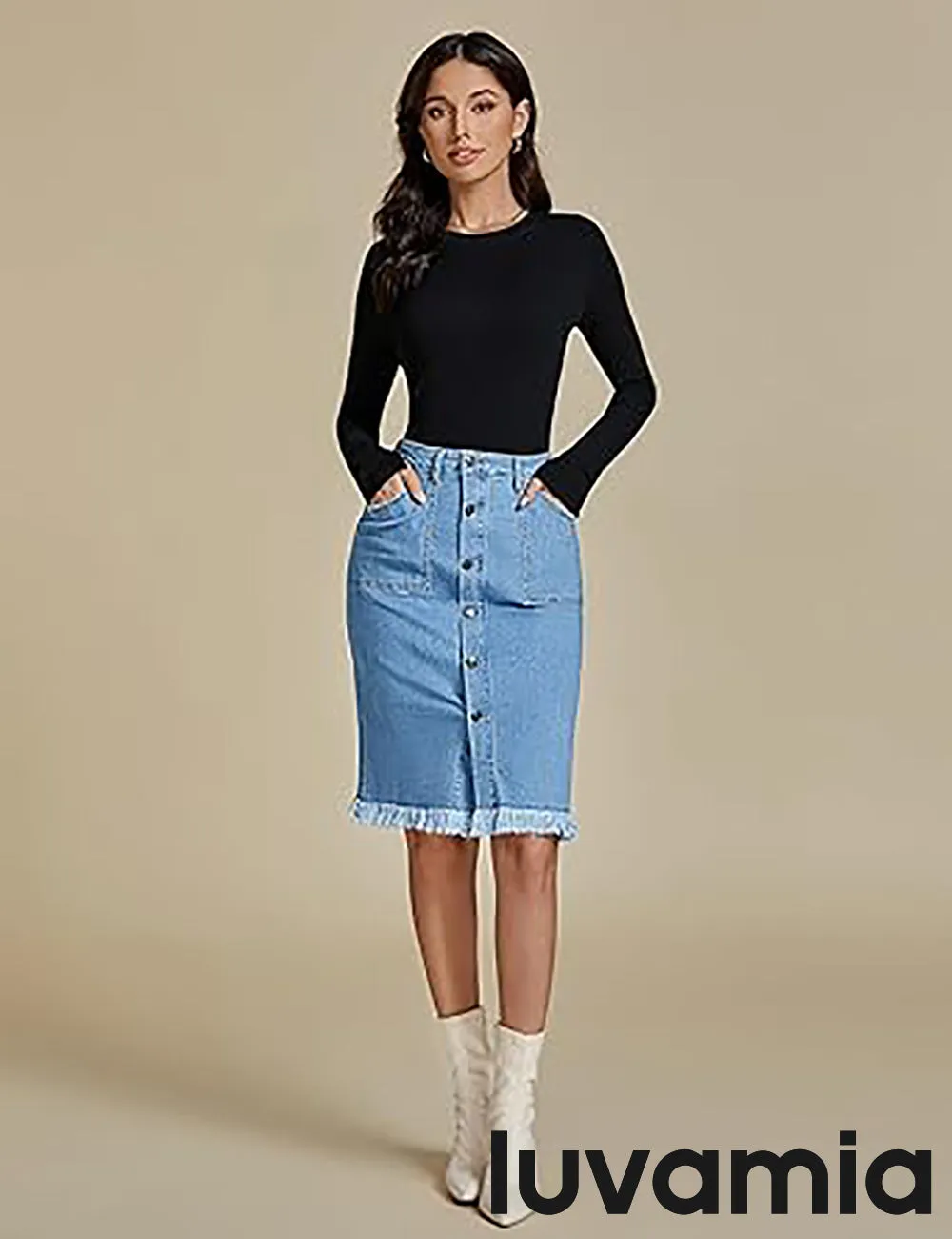 luvamia Women's Casual Mid Rise Button Down Frayed Raw Hem Fit Denim Jean Skirt