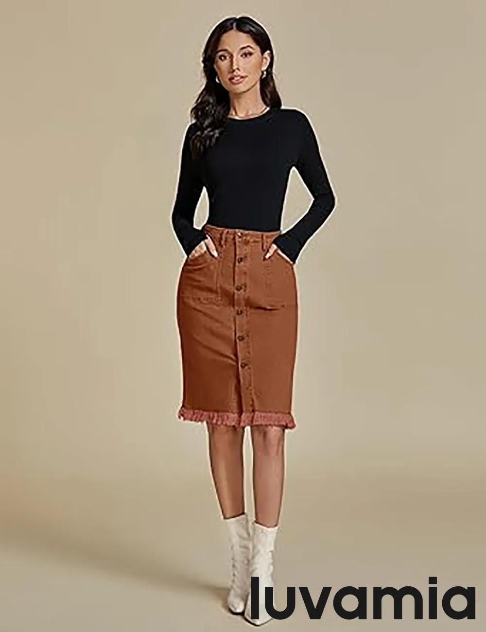 luvamia Women's Casual Mid Rise Button Down Frayed Raw Hem Fit Denim Jean Skirt