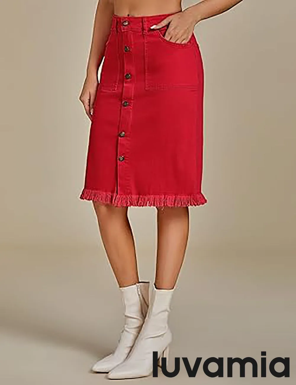 luvamia Women's Casual Mid Rise Button Down Frayed Raw Hem Fit Denim Jean Skirt