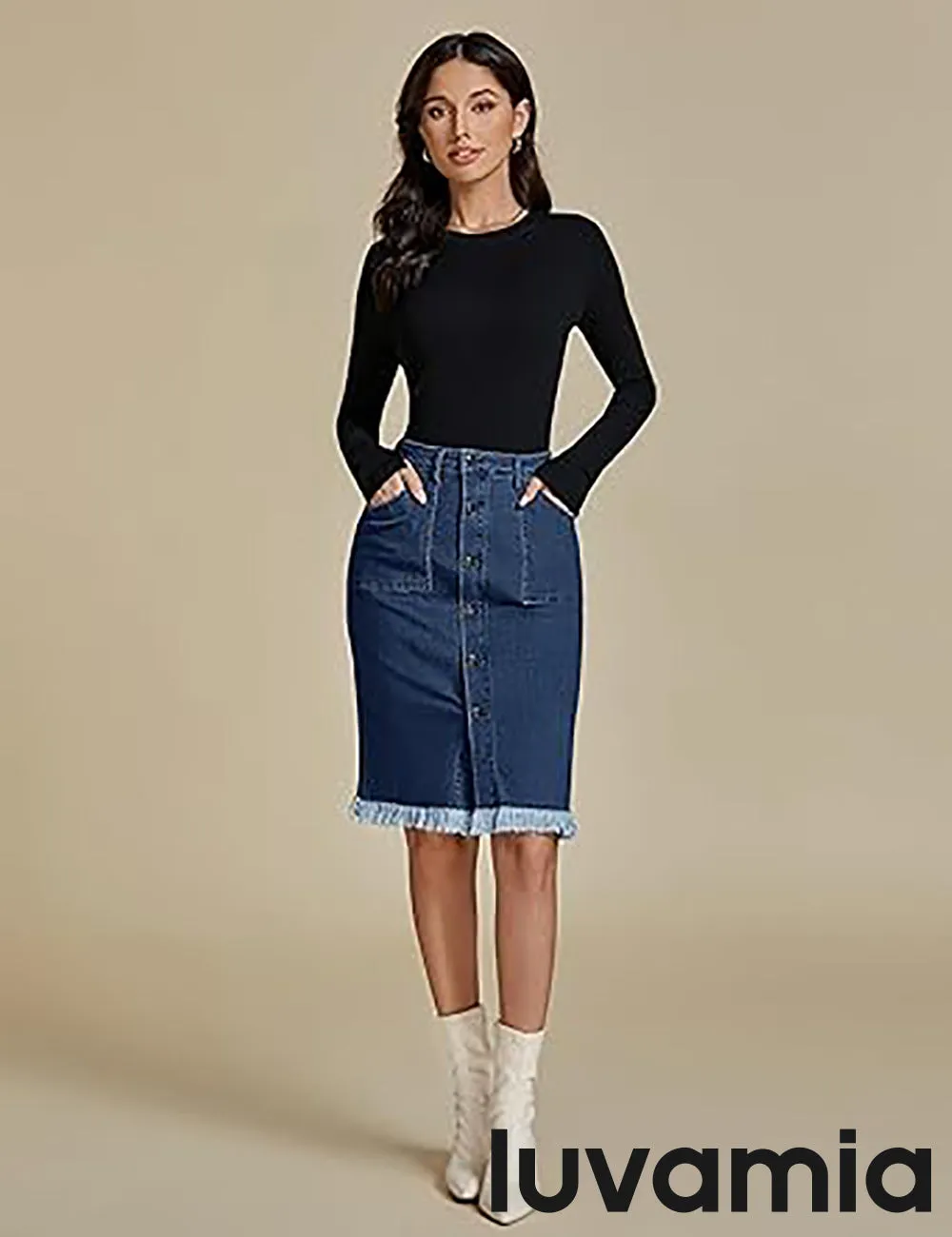 luvamia Women's Casual Mid Rise Button Down Frayed Raw Hem Fit Denim Jean Skirt