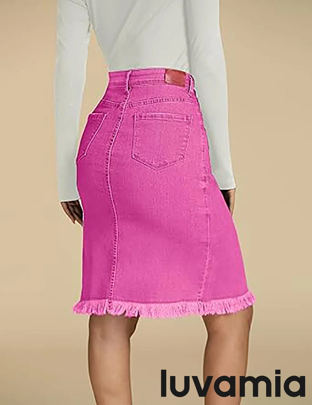 luvamia Women's Casual Mid Rise Button Down Frayed Raw Hem Fit Denim Jean Skirt