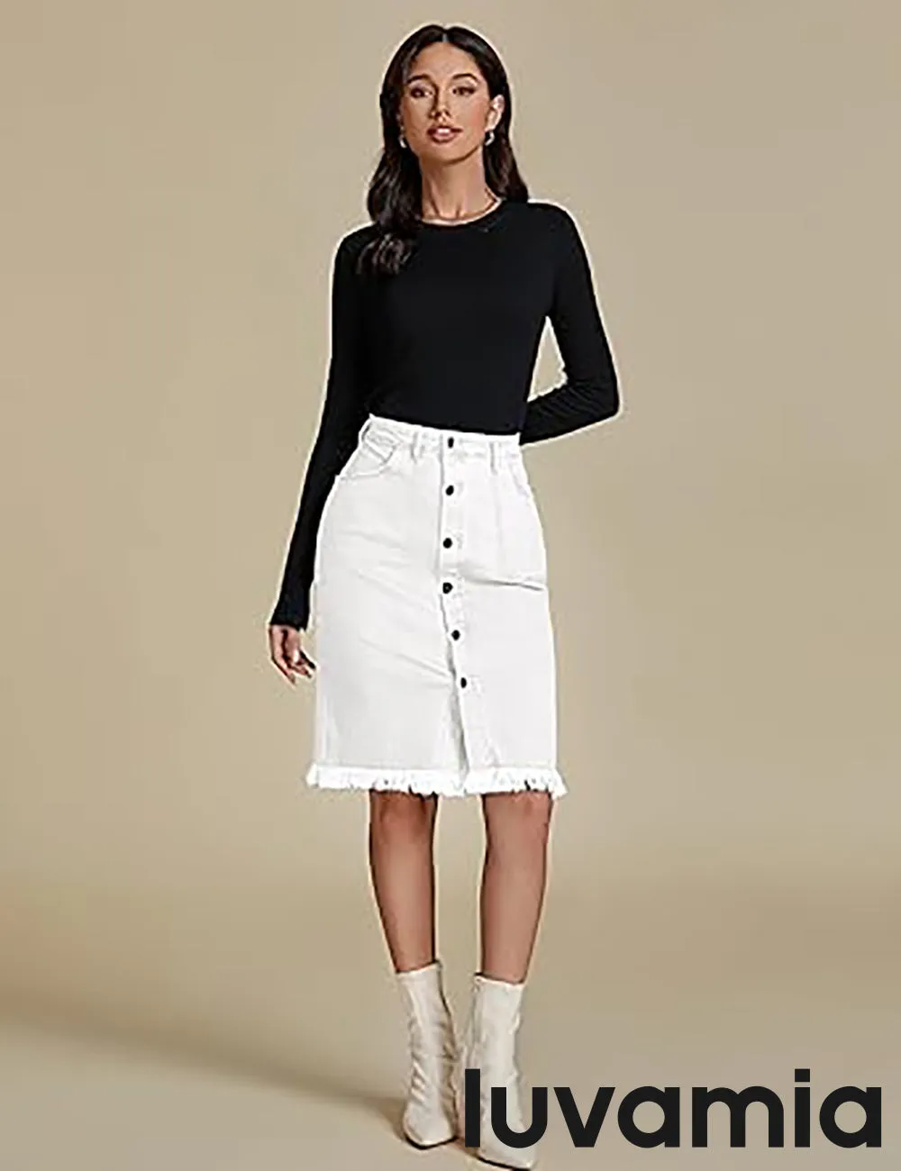 luvamia Women's Casual Mid Rise Button Down Frayed Raw Hem Fit Denim Jean Skirt