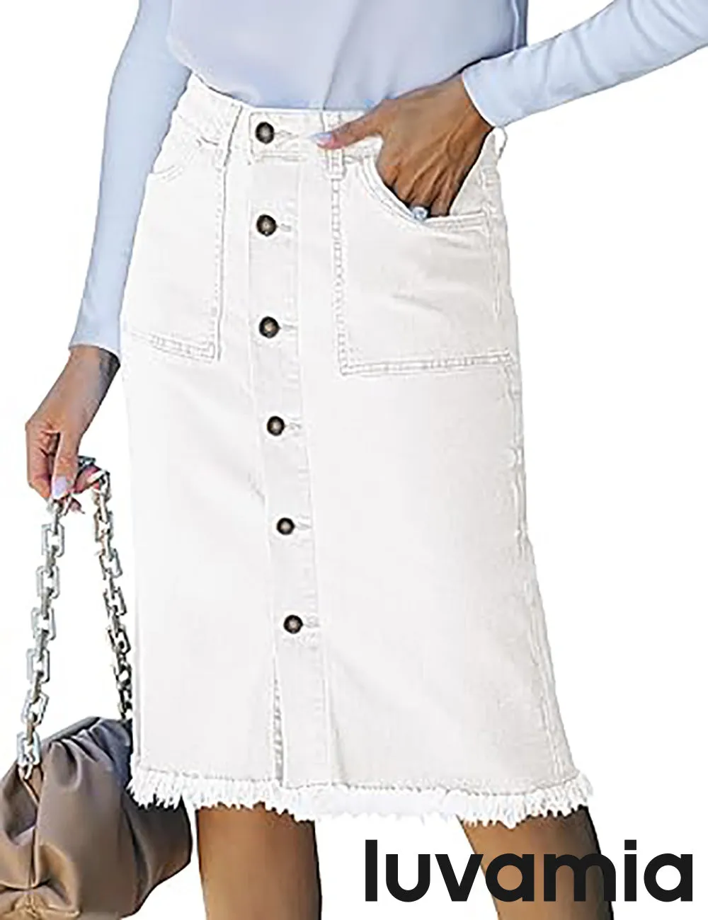 luvamia Women's Casual Mid Rise Button Down Frayed Raw Hem Fit Denim Jean Skirt