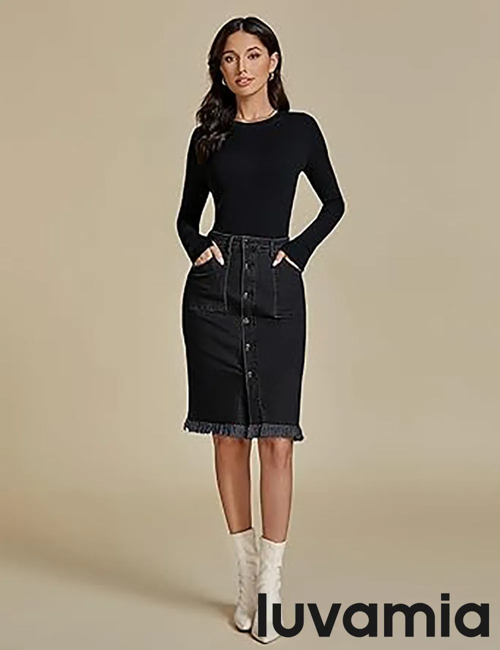 luvamia Women's Casual Mid Rise Button Down Frayed Raw Hem Fit Denim Jean Skirt
