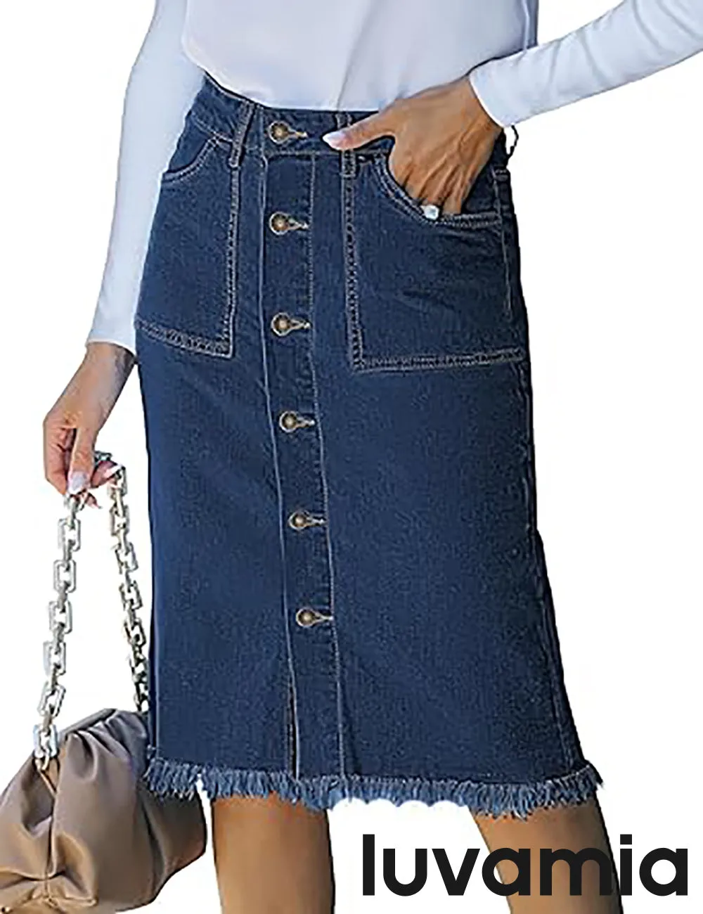 luvamia Women's Casual Mid Rise Button Down Frayed Raw Hem Fit Denim Jean Skirt