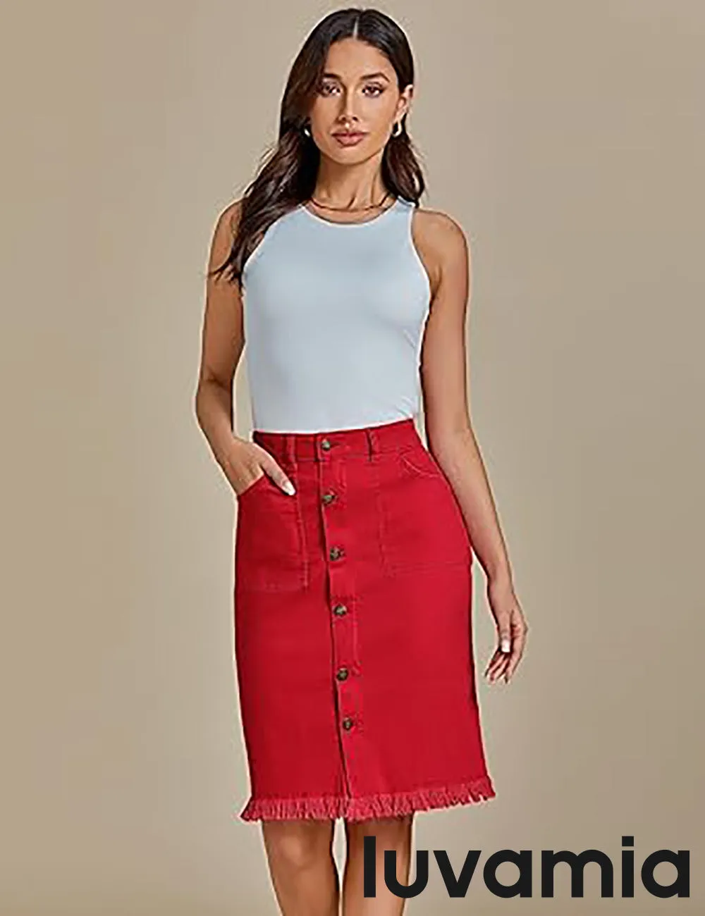 luvamia Women's Casual Mid Rise Button Down Frayed Raw Hem Fit Denim Jean Skirt