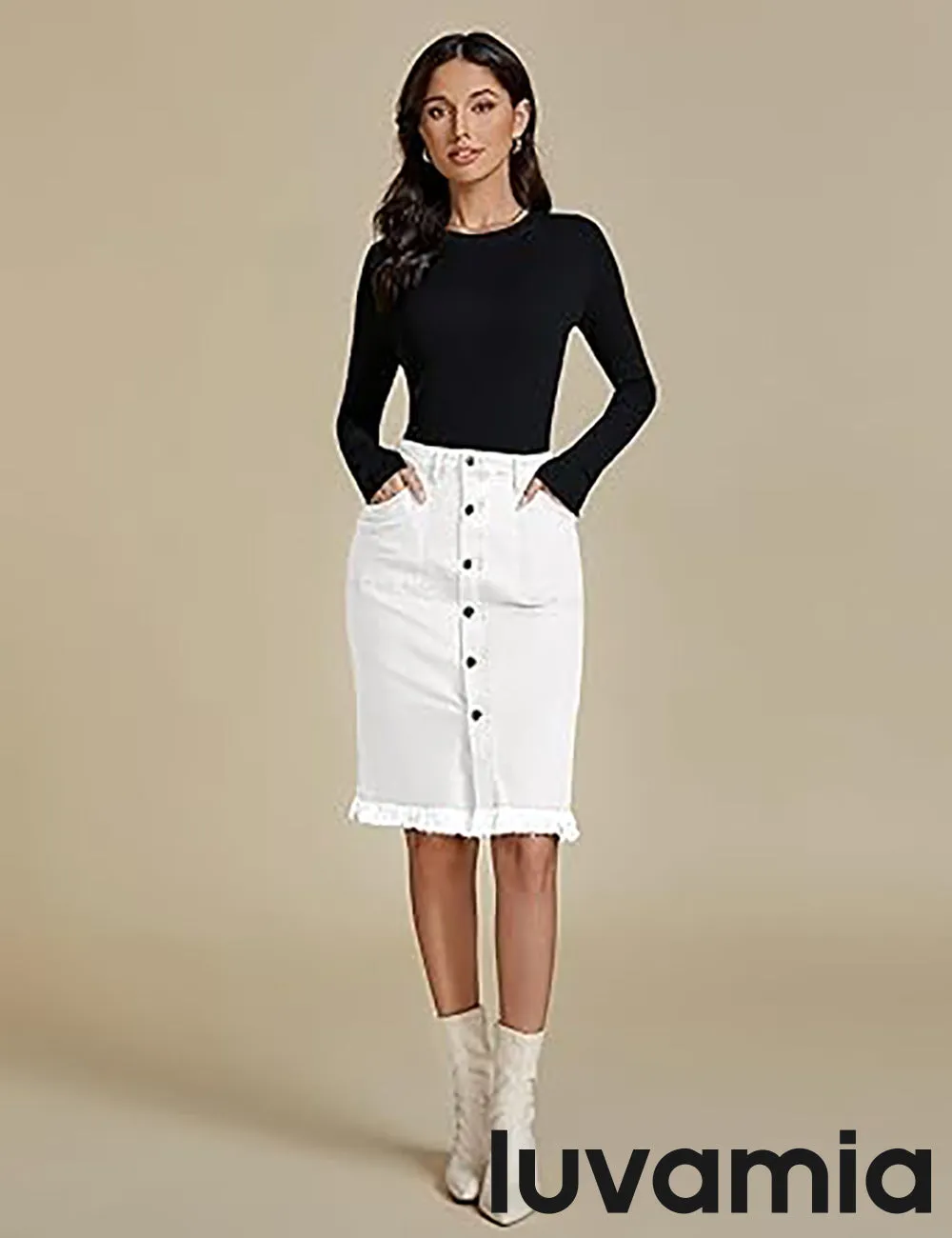 luvamia Women's Casual Mid Rise Button Down Frayed Raw Hem Fit Denim Jean Skirt