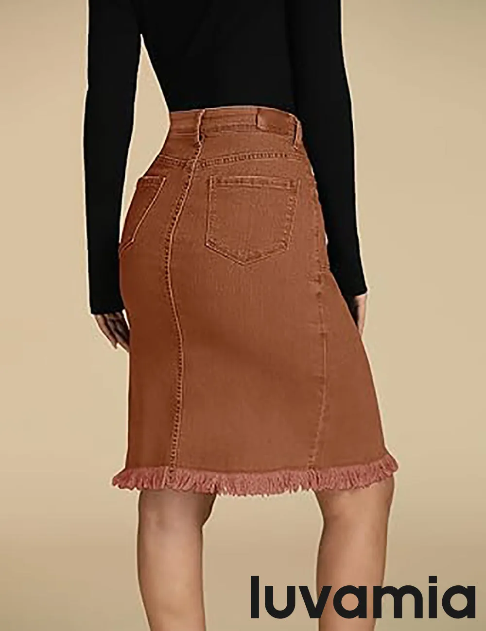 luvamia Women's Casual Mid Rise Button Down Frayed Raw Hem Fit Denim Jean Skirt