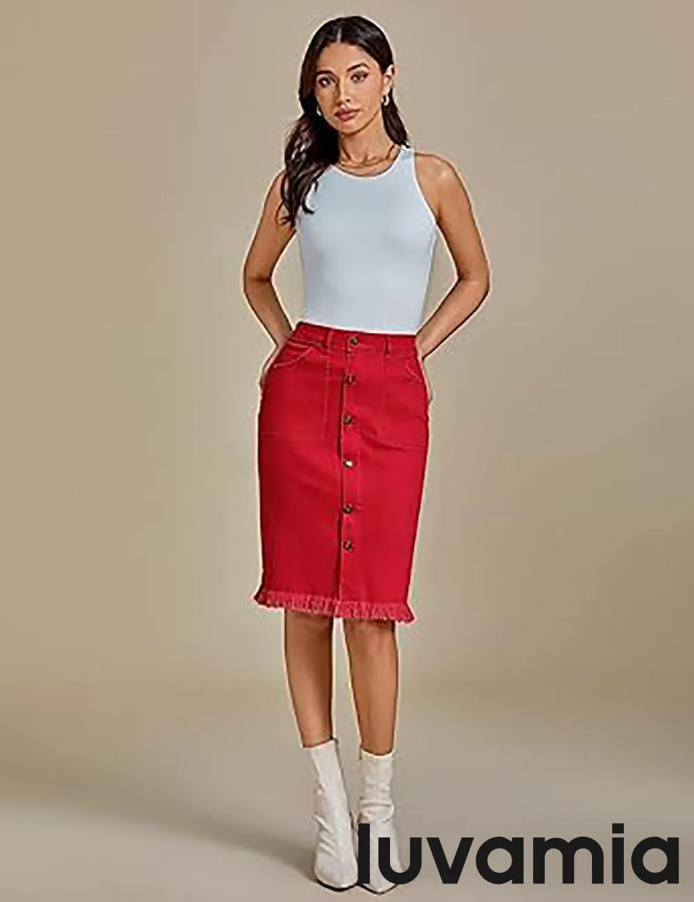 luvamia Women's Casual Mid Rise Button Down Frayed Raw Hem Fit Denim Jean Skirt