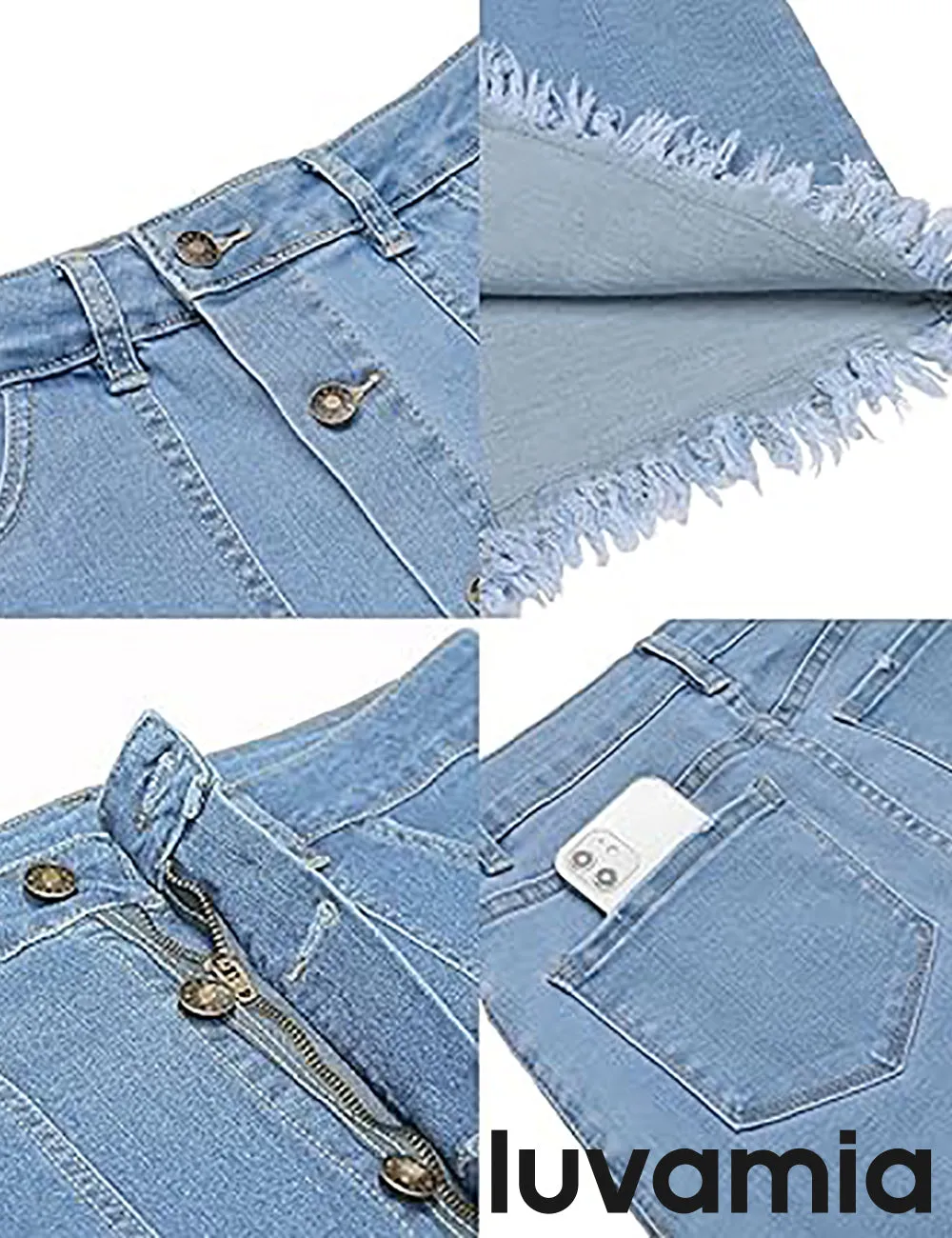 luvamia Women's Casual Mid Rise Button Down Frayed Raw Hem Fit Denim Jean Skirt