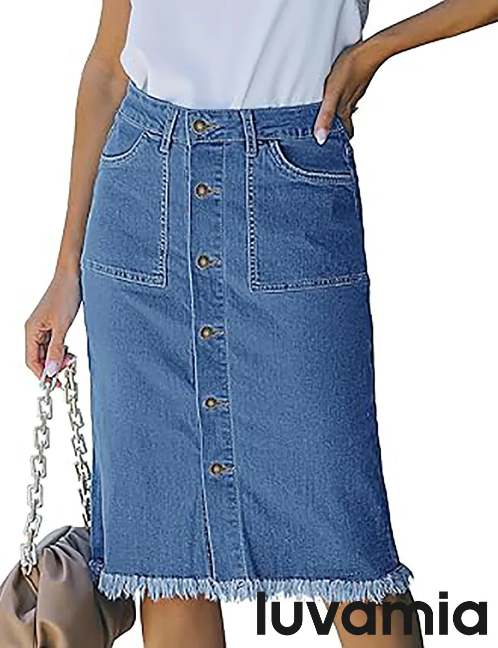 luvamia Women's Casual Mid Rise Button Down Frayed Raw Hem Fit Denim Jean Skirt